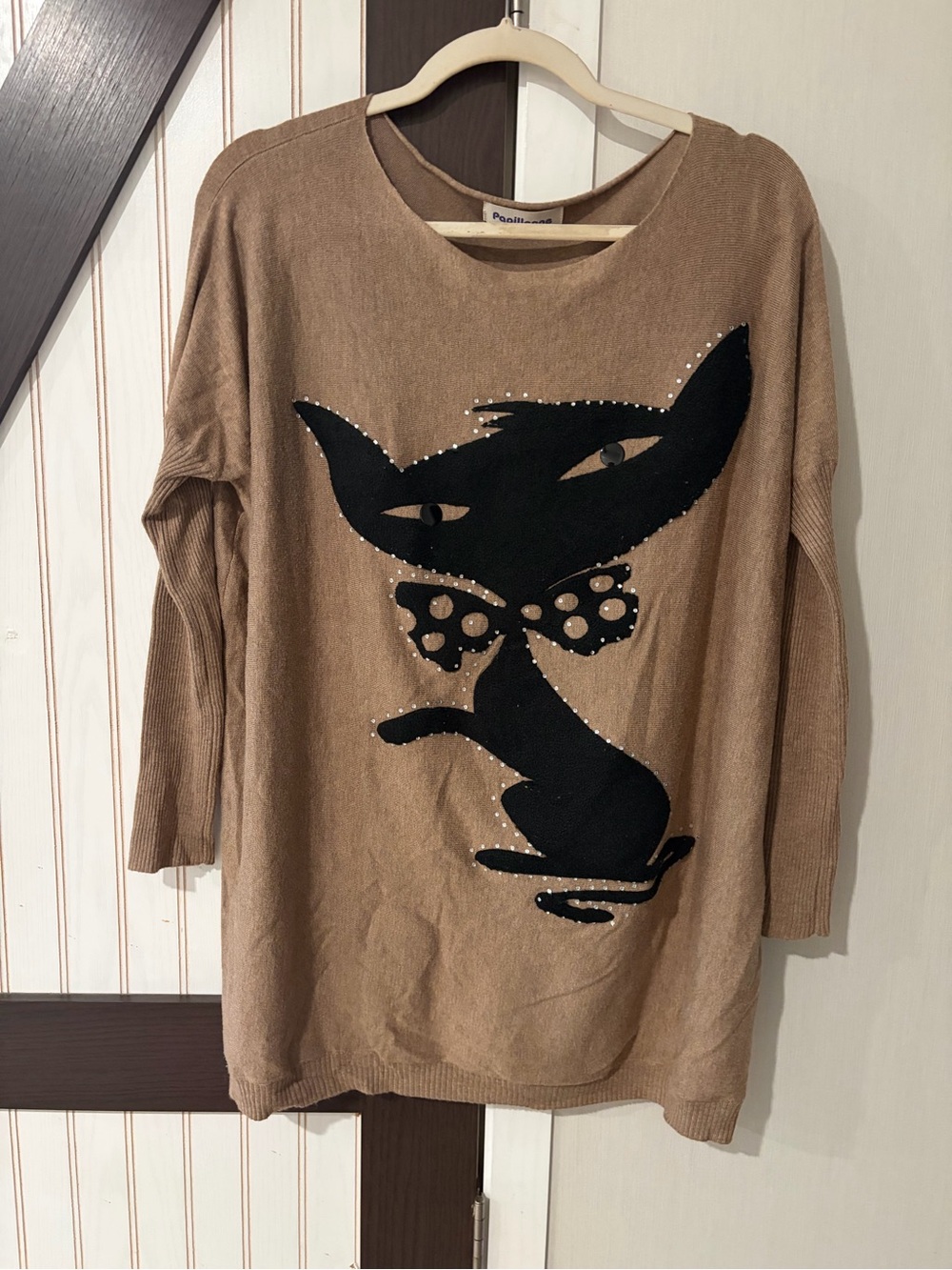 Tan With Black Cat Lightly Beaded Oversized Papillonne Viscose Blend Large